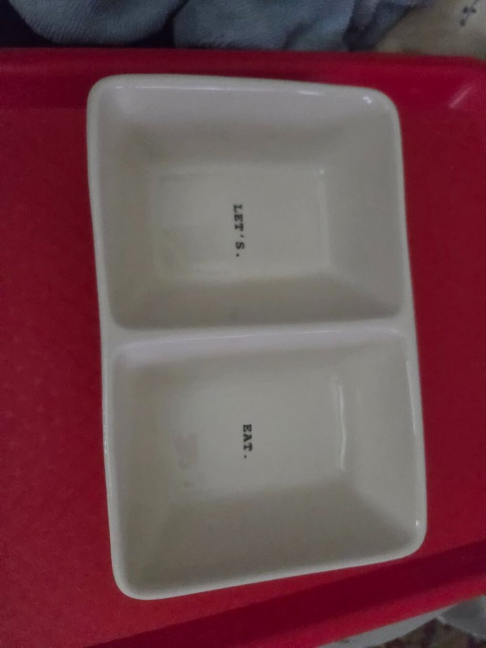 white divided serving dish by Rae Dunn with black artisan letters